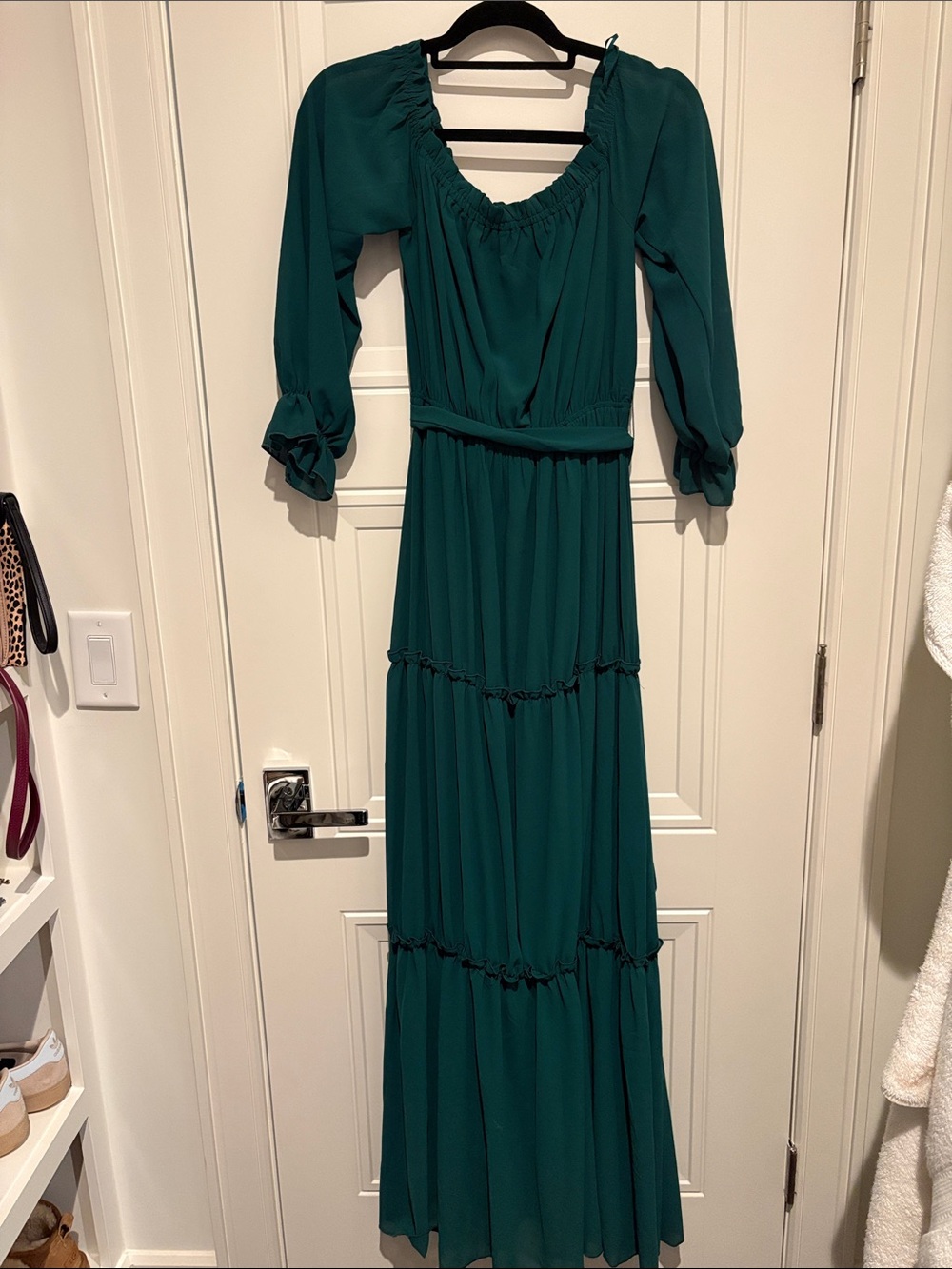 Teal Long Sleeve Tiered Maxi Dress with Ruffled Neckline